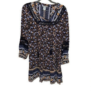 Sundance Navy Blue Floral Boho Long Sleeve Dress Size XS